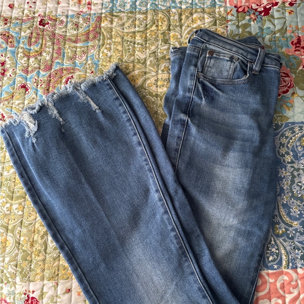 Blue Wide Leg Flare Jeans with Distressed Details